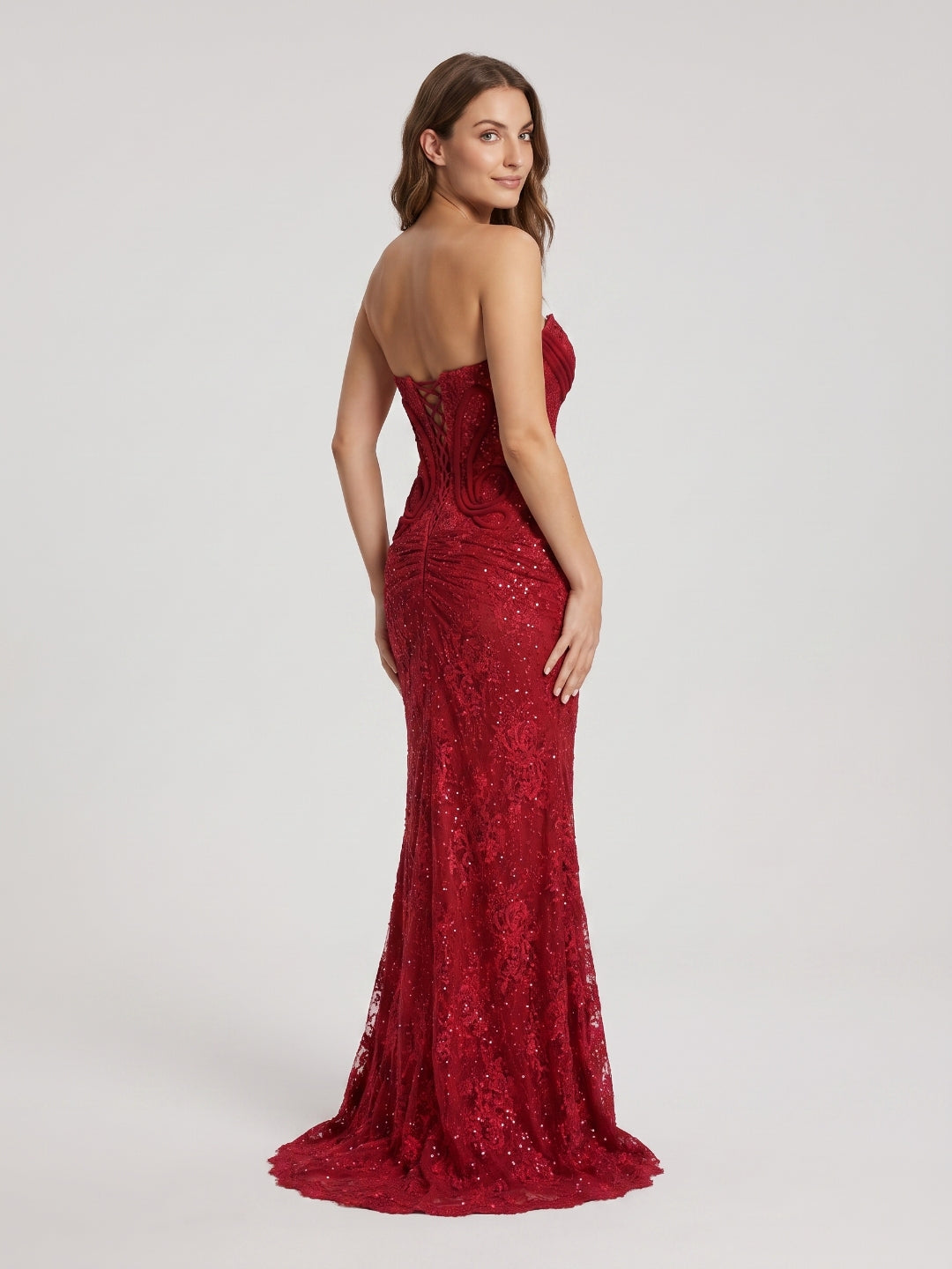 Red Lace Mermaid Sweetheart Lace-Up Back Floor-Length Dress