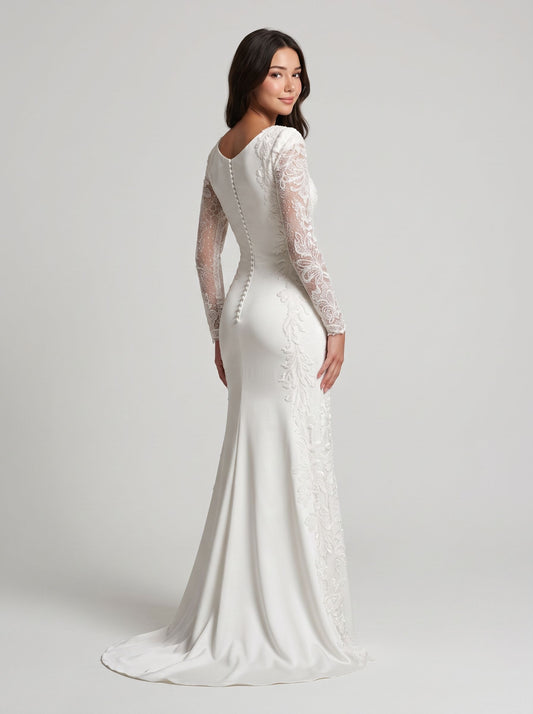 Ivory Crepe Sheath/column Boat Neck Back Zip Floor-Length Dress
