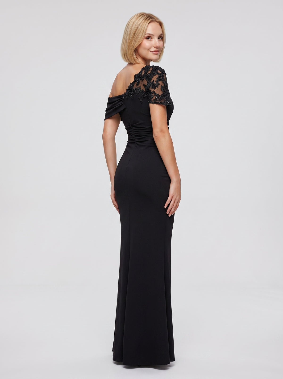 Black Stretch Knit Sheath/column One Shoulder Back Zip Floor-Length Dress