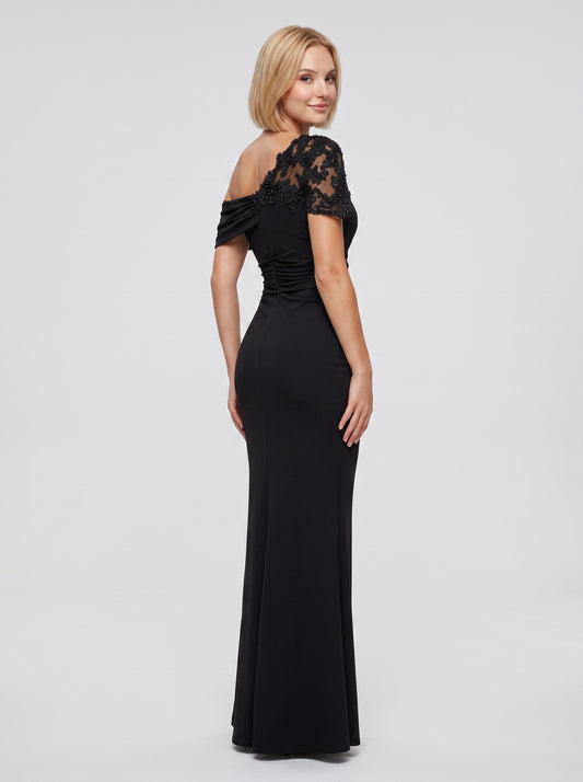 Black Stretch Knit Sheath/column One Shoulder Back Zip Floor-Length Dress
