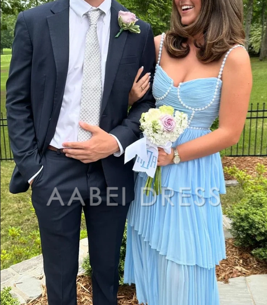 AABEI DRESS Prom Dress Cute A Line Sweetheart Pleat Tiers Chiffon Long with Pearls Beading Exquisite Formal Dress