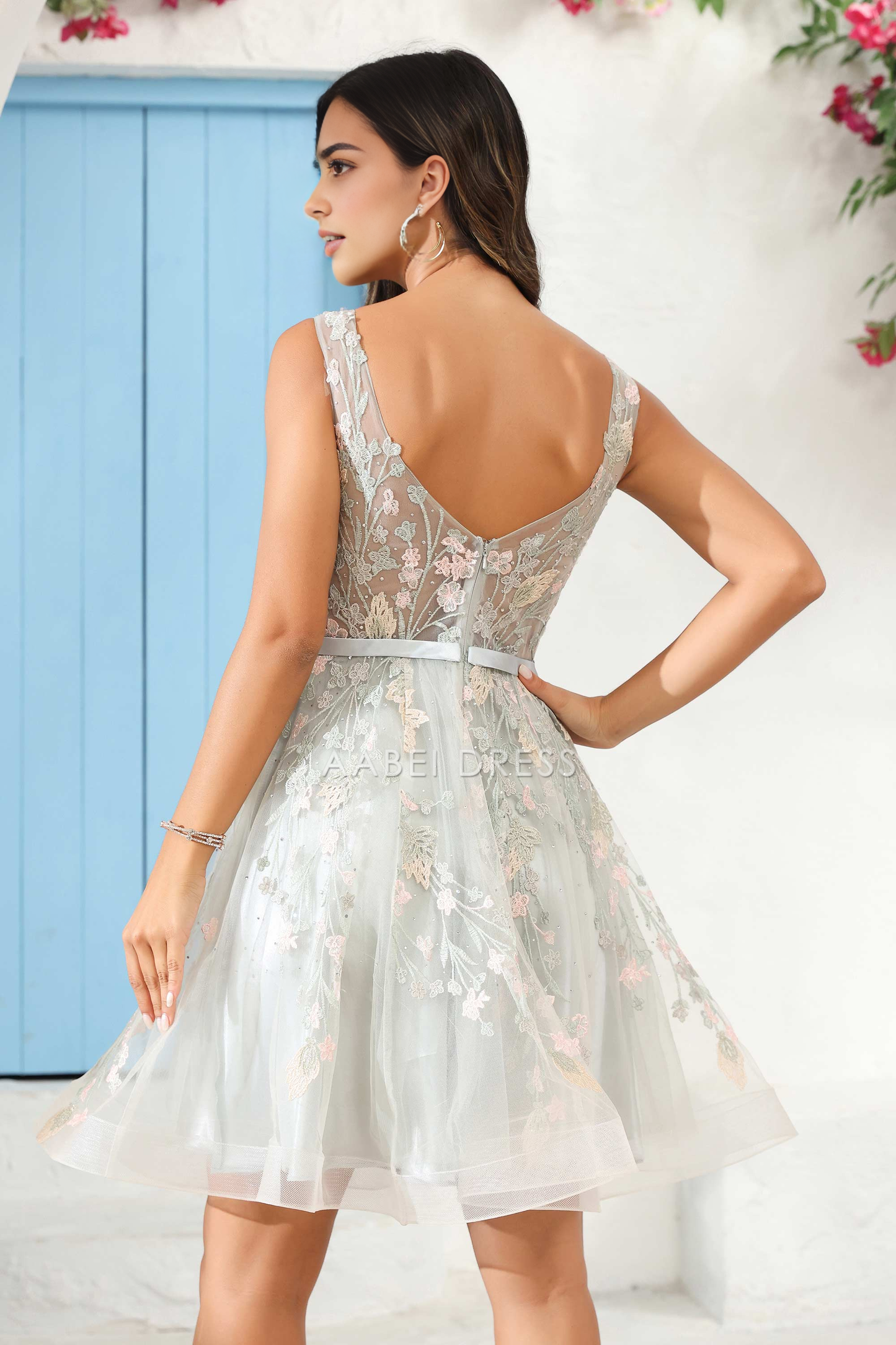 AABEI DRESS Short Dress Exquisite Round Neck Sleeveless Floral See-Through Ruched Tulle Retro New Homecoming Dress