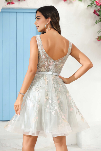 AABEI DRESS Short Dress Exquisite Round Neck Sleeveless Floral See-Through Ruched Tulle Retro New Homecoming Dress