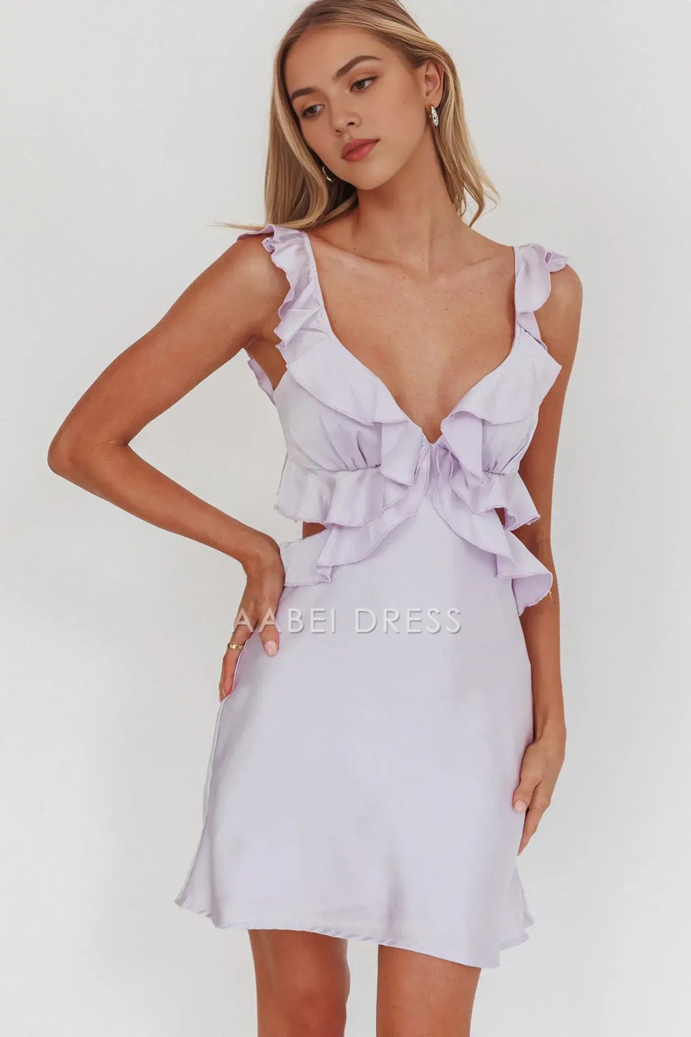 A Line Deep V Neck Sleeveless Hollow-out Ruffle Trim Backless Lilac Cute Mini Dress Hot Sale Homecoming Dress