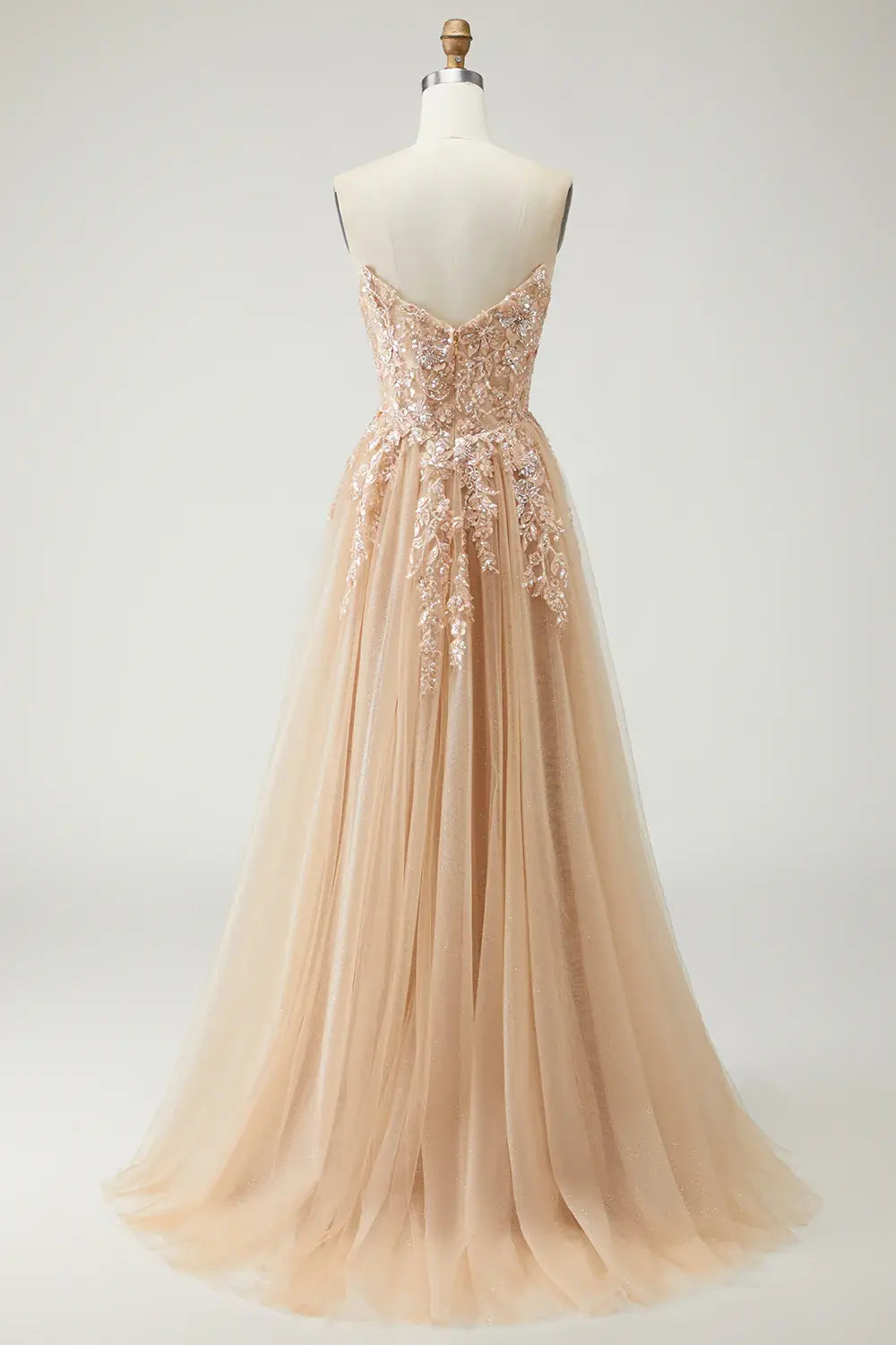 Wonderful Prom Dress Sparkly Champagne Sequin Floral A-Line Strapless with Detachable Sleeves Backless Side Fork Ruched Bargain Long Wedding Guest Dress