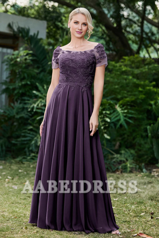 AABEI DRESS Mother of the Bride Dresses Ruched Applique Short Sleeves Chiffon Long Dress Elegant Formal Dress High Quality Wedding Guests Dresses