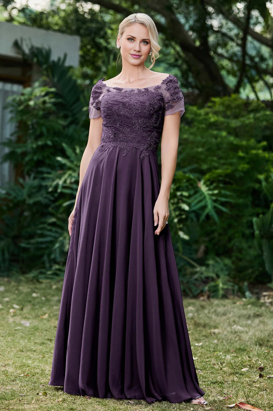 AABEI DRESS Mother of the Bride Dresses Ruched Applique Short Sleeves Chiffon Long Dress Elegant Formal Dress High Quality Wedding Guests Dresses