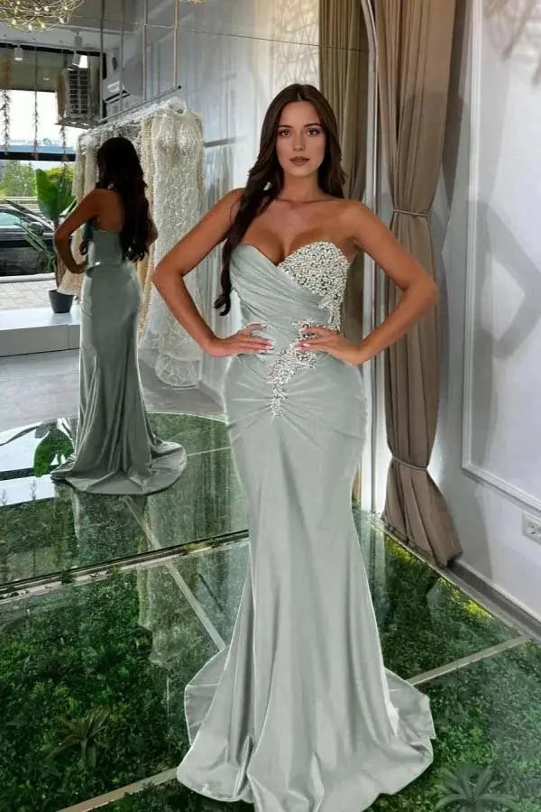 Charming Formal Women's Dresses Satin Mermaid Strapless Sweetheart Neckline Sleeveless Beading With Pleated Backless Fashion Sweep Train Affordable Prom Dress