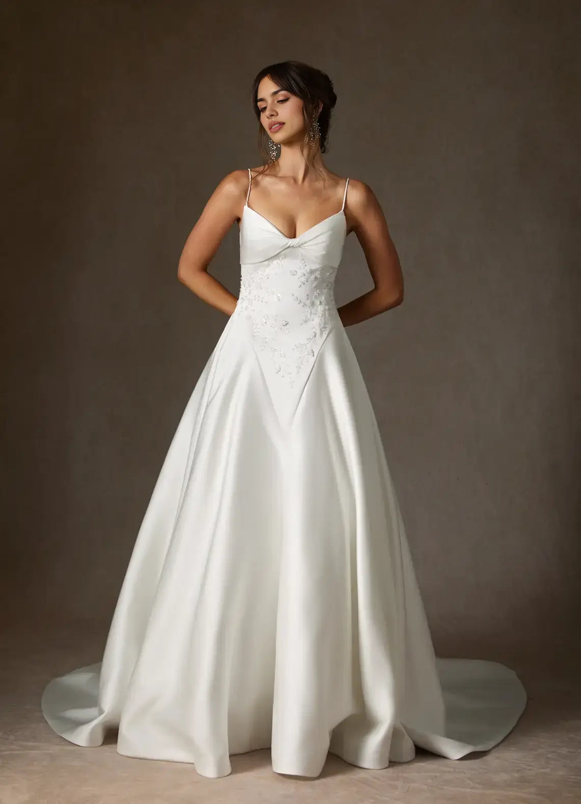 Affordable Luxury White Satin A-Line Spaghetti Strap Deep V Neck Twisted Corset Sleeveless Bead String Backless Fashion Hot Sale Wedding Dress