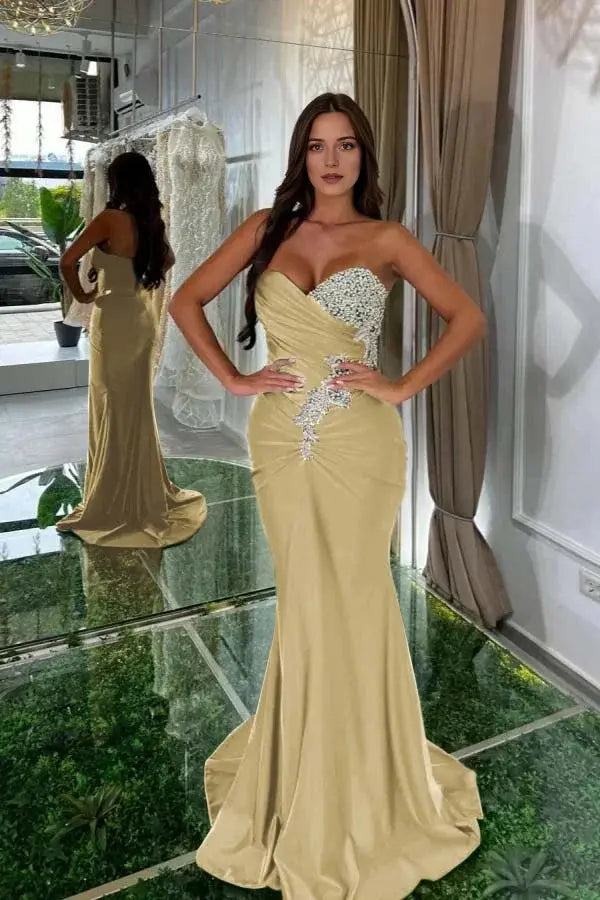 Charming Formal Women's Dresses Satin Mermaid Strapless Sweetheart Neckline Sleeveless Beading With Pleated Backless Fashion Sweep Train Affordable Prom Dress
