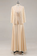 Wedding Guest Dress Champagne A-Line Round Neck 2-Piece Lace Long Sleeves Jacket Elegant Retro Hot Sale Mother of the Bride Dress