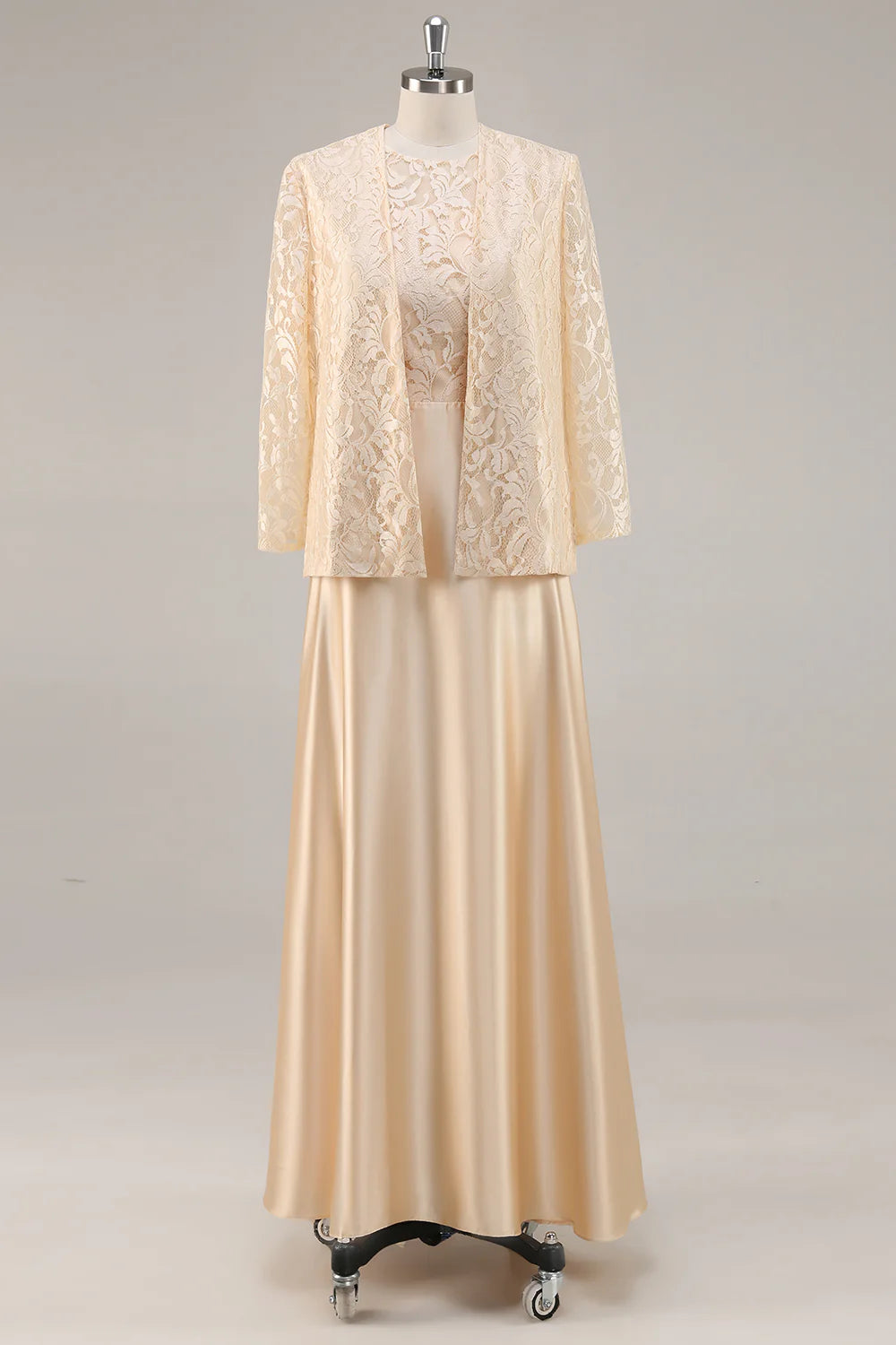 Wedding Guest Dress Champagne A-Line Round Neck 2-Piece Lace Long Sleeves Jacket Elegant Retro Hot Sale Mother of the Bride Dress