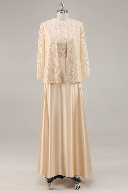 Wedding Guest Dress Champagne A-Line Round Neck 2-Piece Lace Long Sleeves Jacket Elegant Retro Hot Sale Mother of the Bride Dress