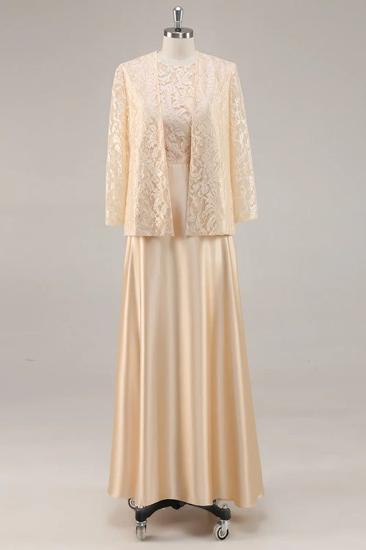 Wedding Guest Dress Champagne A-Line Round Neck 2-Piece Lace Long Sleeves Jacket Elegant Retro Hot Sale Mother of the Bride Dress