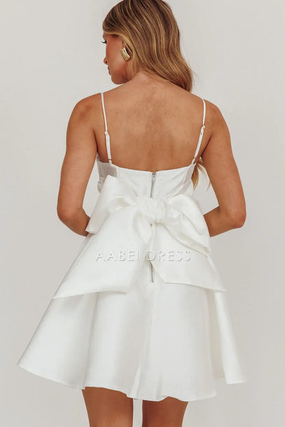 White A Line Spaghetti Strap Sleeveless Bow Exquisite Mini Dress Hot Sale Homecoming Dress
