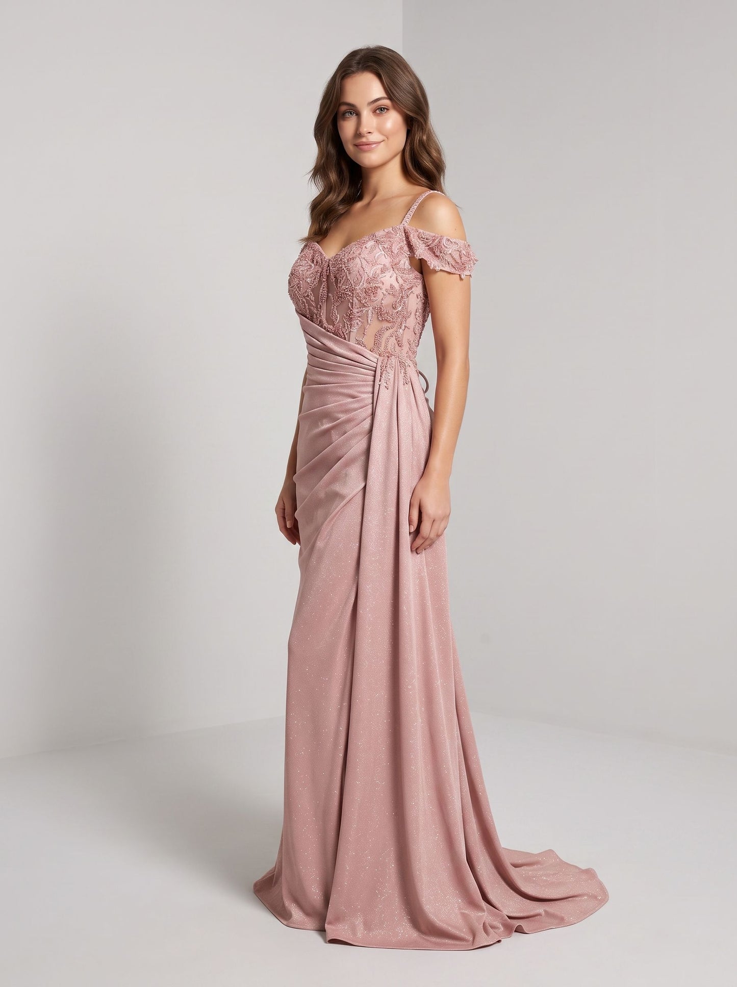 Dusty Rose Glitter Fabric with Beaded Lace Sheath Sweetheart Floor-Length Dress