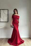 Elegant Formal Women's Dresses Burgundy Satin Mermaid Off-The-Shoulder Sleeveless With Pleated Sweep Train Affordable Prom Dress