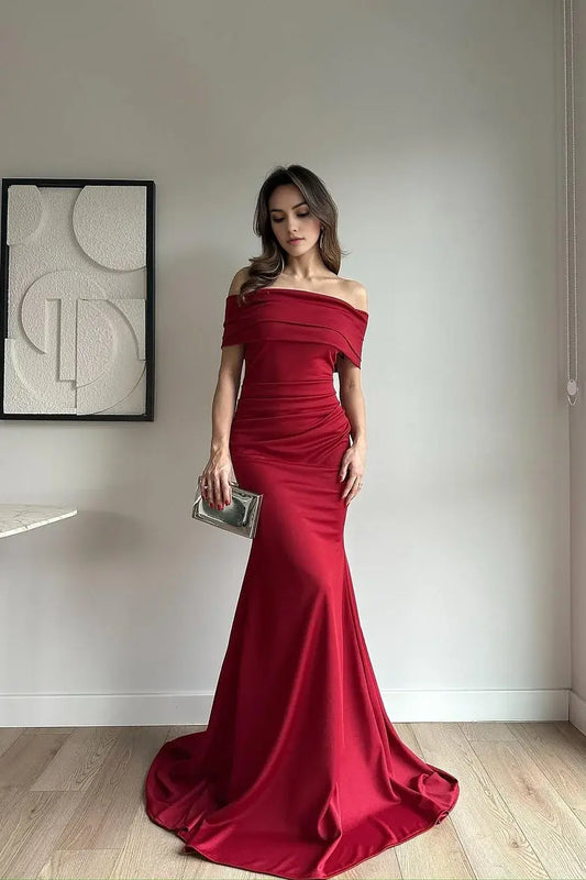 Elegant Formal Women's Dresses Burgundy Satin Mermaid Off-The-Shoulder Sleeveless With Pleated Sweep Train Affordable Prom Dress