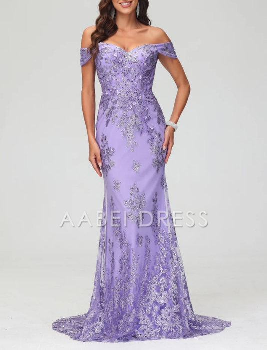 AABEI DRESS Mermaid Off the Shoulder Sleeveless Elegant Tulle Sweep Train Dress High Quality Evening Dress