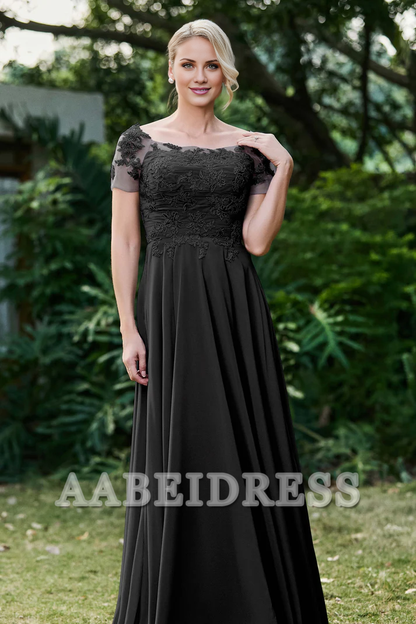 AABEI DRESS Mother of the Bride Dresses Ruched Applique Short Sleeves Chiffon Long Dress Elegant Formal Dress High Quality Wedding Guests Dresses