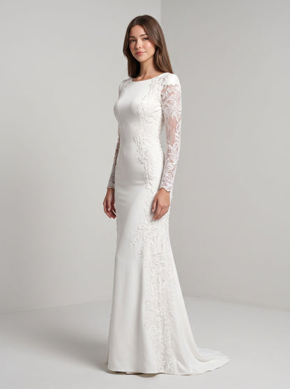 Ivory Crepe Sheath/column Boat Neck Back Zip Floor-Length Dress