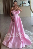 Evening Dress A-Line Strapless Bow Satin Pleated Long Prom Dress Sweep Train High Quality Formal Women's Dresses