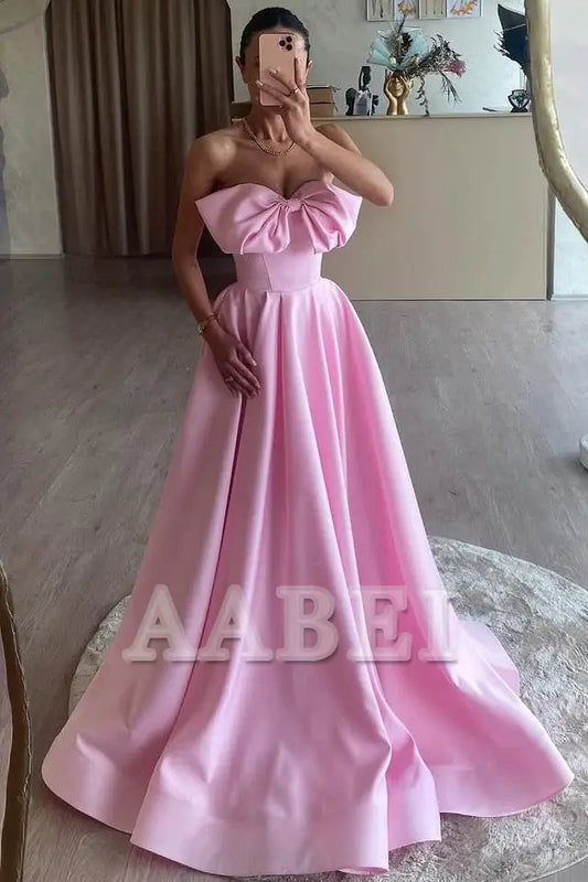 Evening Dress A-Line Strapless Bow Satin Pleated Long Prom Dress Sweep Train High Quality Formal Women's Dresses