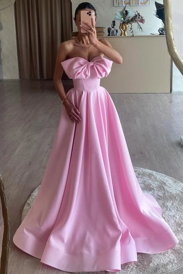 Evening Dress A-Line Strapless Bow Satin Pleated Long Prom Dress Sweep Train High Quality Formal Women's Dresses