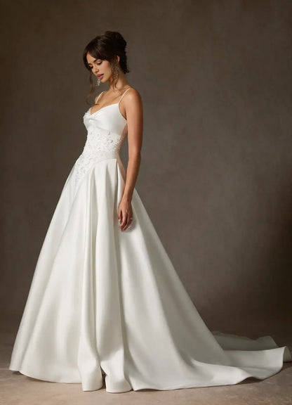 Affordable Luxury White Satin A-Line Spaghetti Strap Deep V Neck Twisted Corset Sleeveless Bead String Backless Fashion Hot Sale Wedding Dress