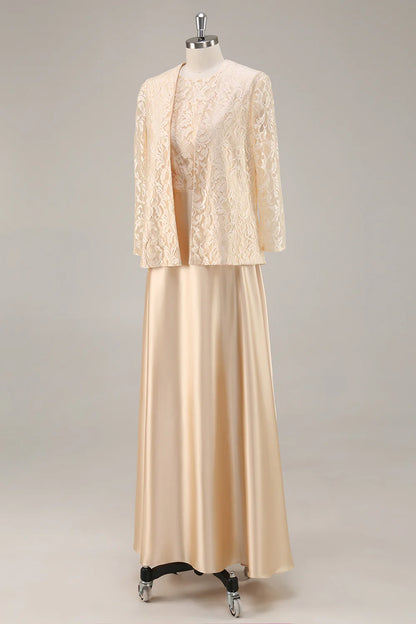 Wedding Guest Dress Champagne A-Line Round Neck 2-Piece Lace Long Sleeves Jacket Elegant Retro Hot Sale Mother of the Bride Dress