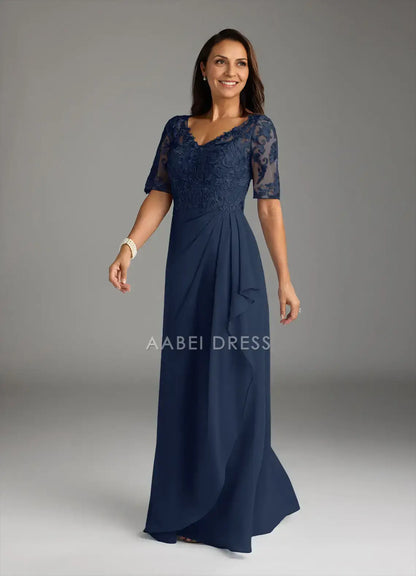 AABEI DRESS Wedding Guests Dresses A-Line V-Neck Short Sleeve Lace Applique Cascading Ruffles Fashion Elegant Mother of the Bride Dress