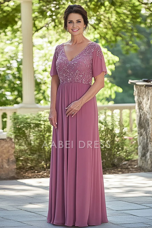 AABEI DRESS Mother Of The Bride Dress Chiffon V-Neck Half Sleeves Lace Applique Exquisite Formal Wear Dresse