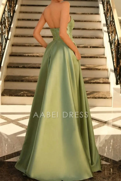 AABEI DRESS Hot Sale Prom Dress Stunning A-Line Pleated Strapless Long Satin with Slit Elegant Formal Dress