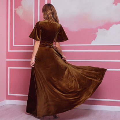Evening  Dress Velvet Dress V-neck Flutter Sleeves Long Dress Wrap Over Front Ties Waist Formal Dresses Wedding Guest Dress