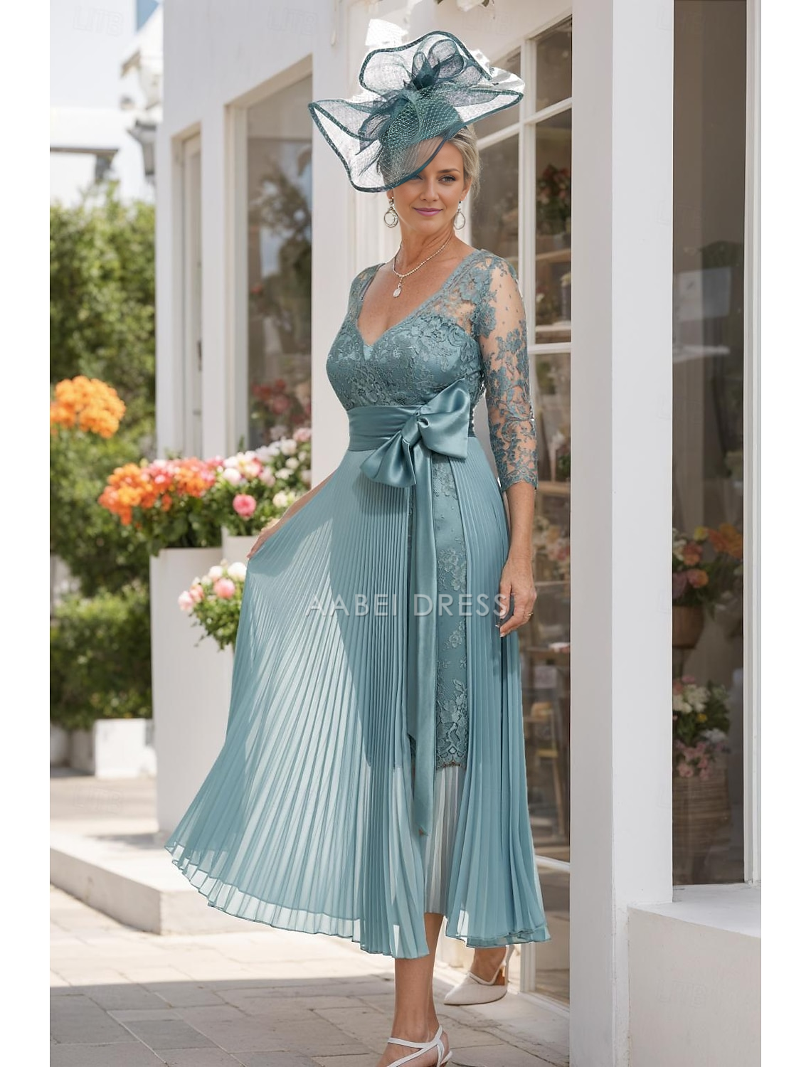 AABEI DRESS Wedding Guest Dress Two Piece Sheath V Neck 3/4 Length Sleeve Knee Length Lace with Bow(s) Elegant Mother of the Bride Dress