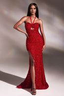 AABEI DRESS Hot Sale Prom Dress Sequin Halter Hollow Out Side Fork Backless Sparkle Long Evening Dress