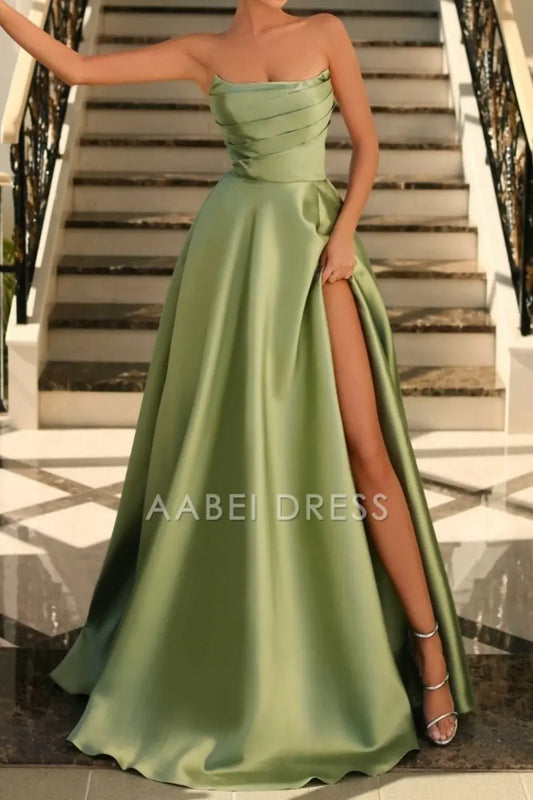 AABEI DRESS Hot Sale Prom Dress Stunning A-Line Pleated Strapless Long Satin with Slit Elegant Formal Dress