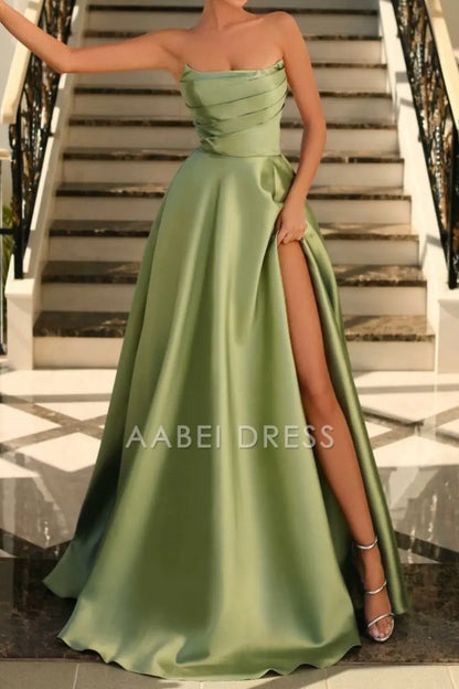 AABEI DRESS Hot Sale Prom Dress Stunning A-Line Pleated Strapless Long Satin with Slit Elegant Formal Dress