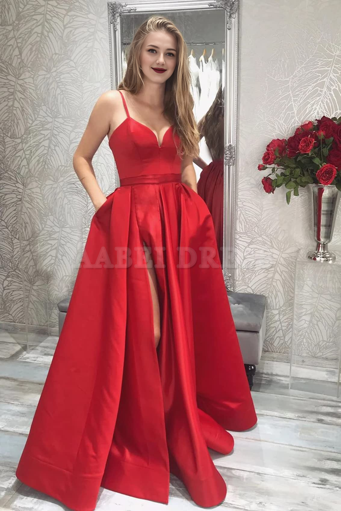 Prom Dress Satin Long V Neck High Slit Ruched Corset Ball Evening Dress with Pockets Formal Wear Dresses
