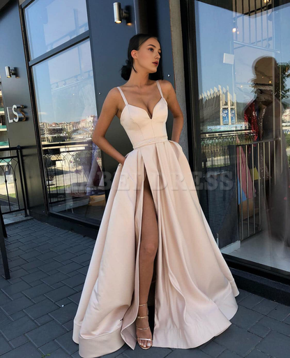 Prom Dress Satin Long V Neck High Slit Ruched Corset Ball Evening Dress with Pockets Formal Wear Dresses