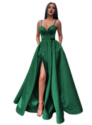 Prom Dress Satin Long V Neck High Slit Ruched Corset Ball Evening Dress with Pockets Formal Wear Dresses