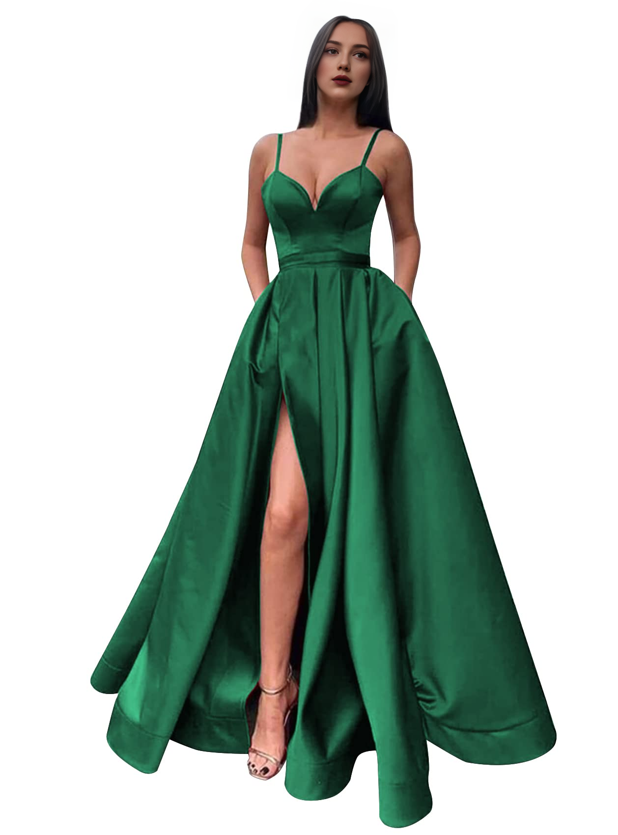 Prom Dress Satin Long V Neck High Slit Ruched Corset Ball Evening Dress with Pockets Formal Wear Dresses