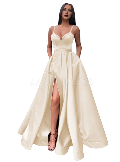 Prom Dress Satin Long V Neck High Slit Ruched Corset Ball Evening Dress with Pockets Formal Wear Dresses