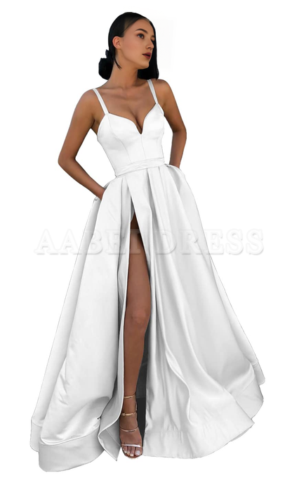 Prom Dress Satin Long V Neck High Slit Ruched Corset Ball Evening Dress with Pockets Formal Wear Dresses