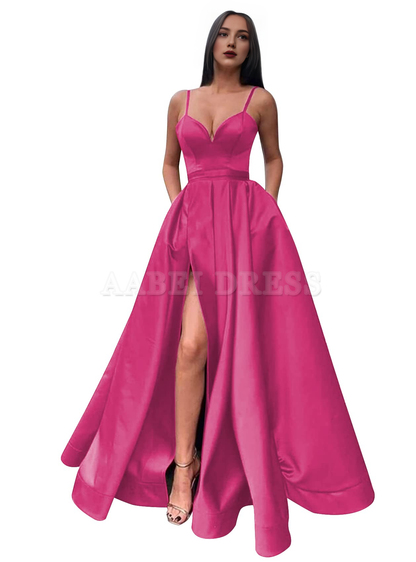 Prom Dress Satin Long V Neck High Slit Ruched Corset Ball Evening Dress with Pockets Formal Wear Dresses