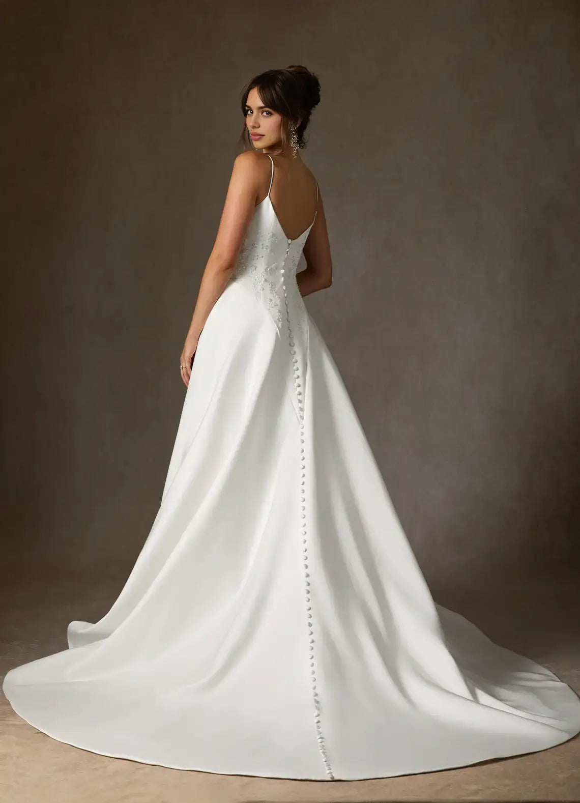 Affordable Luxury White Satin A-Line Spaghetti Strap Deep V Neck Twisted Corset Sleeveless Bead String Backless Fashion Hot Sale Wedding Dress