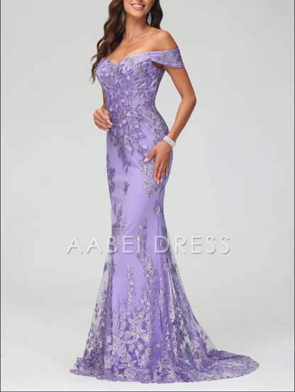 AABEI DRESS Mermaid Off the Shoulder Sleeveless Elegant Tulle Sweep Train Dress High Quality Evening Dress