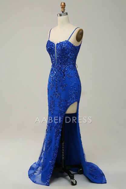 AABEI DRESS Hot Sale Prom Dress Exquisite Sheath Spaghetti Straps Side Fork Appliques Sparkle Long Party Dress