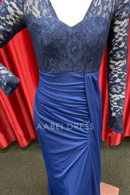 AABEI DRESS High Quality Mother of The Bride Dress V-Neckline Lace Long Sleeve Ruched Side Elegant Floor Length Dress Formal Dress