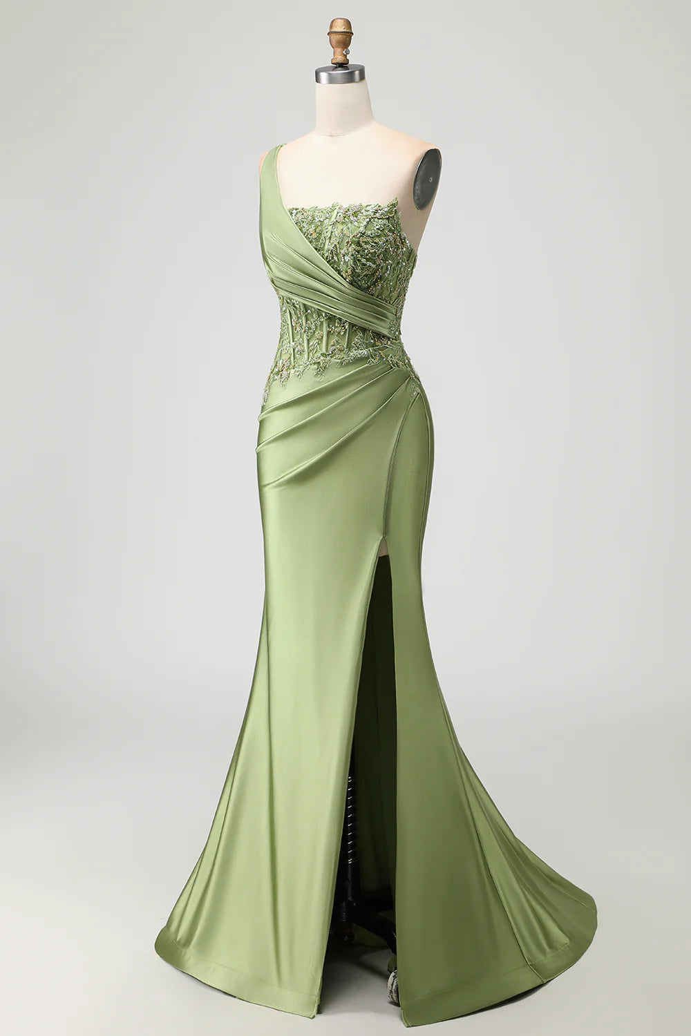 Wonderful Prom Dress Sparkly Green Mermaid One Shoulder Sleeveless Beading Lace Applique Pleated with Slit Backless Bargain Long Wedding Guest Dress